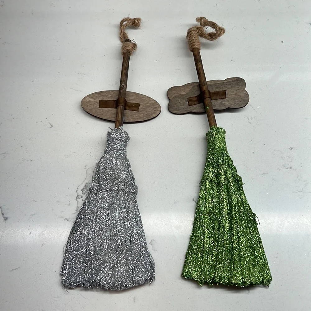 Glittery Witches Broom 11‎ inch Tabletop Halloween Decor Green and Silver